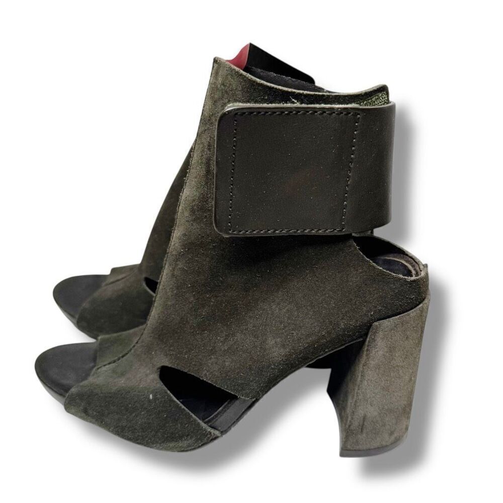 PEDRO GARCIA Suede Dark Olive Green Open Toe Sandals Shoes Heels EU 37.5 US 7.5